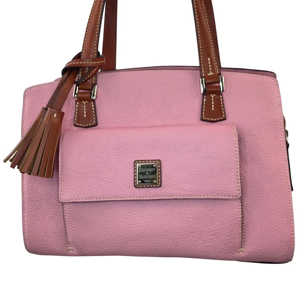 Dooney & Bourke Pink Pebbled Leather Shoulder Bag Brown Trim Tassel Logo Purse